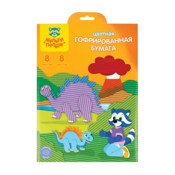 Цветная бумага гофрированная А4, Мульти-Пульти, 8л., 8цв., в папке, 