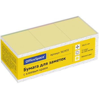 Самоклеящийся блок OfficeSpace, 38*51мм, 12 блоков по 100л., желтая пастель